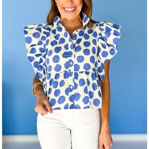 JODIFL White and Blue Polka Dot Ruffle Blouse